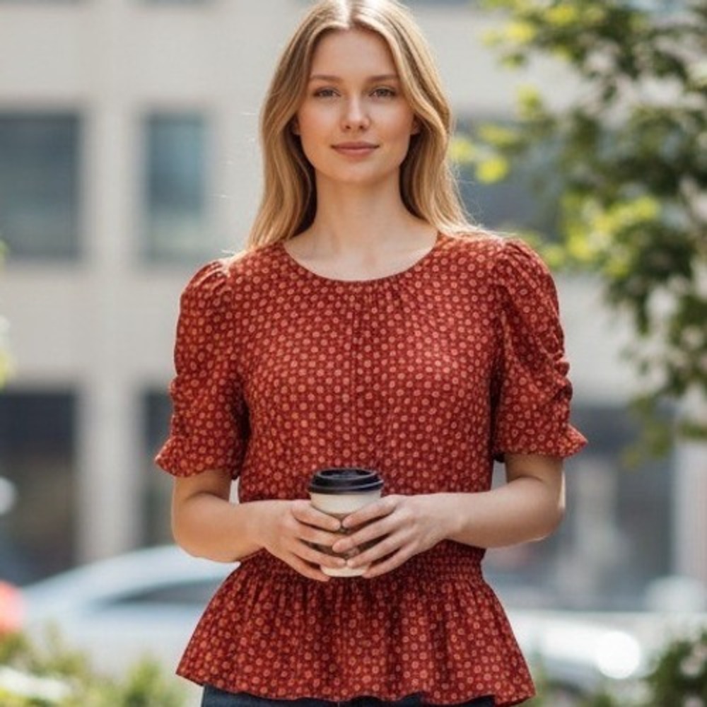 Lily White Rust Red Geometric Smocked Puff Sleeve Blouse Top NWT Sz M Grannycore